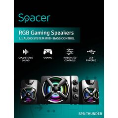 BOXE SPACER Gaming 2.1, RMS: 11W (2 x 3W + 5W), control volum, bass si inalte, subwoofer lemn MDF, 14 x LED, USB power, black, "SPB-THUNDER" (timbru verde 2.00 lei) 43501938 393491