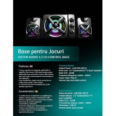 BOXE SPACER Gaming 2.1, RMS: 11W (2 x 3W + 5W), control volum, bass si inalte, subwoofer lemn MDF, 14 x LED, USB power, black, "SPB-THUNDER" (timbru verde 2.00 lei) 43501938 393491