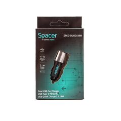 ALIMENTATOR auto SPACER QC si PD 38W total max, Quick Charge 18W &amp; Power Delivery 20W, 38W total max., 1 x USB + 1 x USB Type-C, LED ambiental, pt. bricheta auto, black, "SPCC-DUOQ-38W" (timbru verde 0.18 lei) 397396