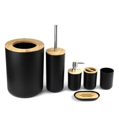 Set Elegant pentru baie format din 6 piese, ABS + lemn, culoare negru/maro 403803