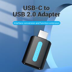 Adaptor USB OTG Vention, USB Type-C (T) la USB 2.0 (M),  rata transfer 480 Mbps, invelis PVC, negru, "CDTB0" (timbru verde 0.03 lei) - 6922794755253