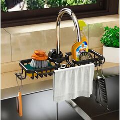 Raft organizator dublu, universal pentru bucatarie sau baie, montaj pe robinet, material otel, culoare Neagra 405639