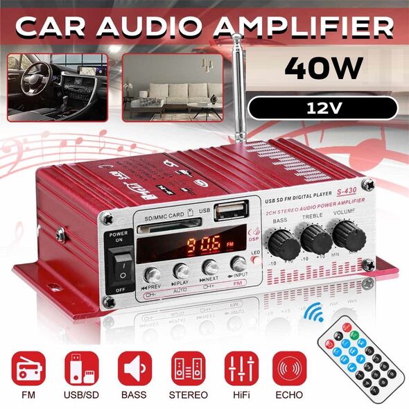 MINI amplificator auto, stereo, 12V, 40 W, radio FM, citire USB sau card SD, cu telecomanda 361018